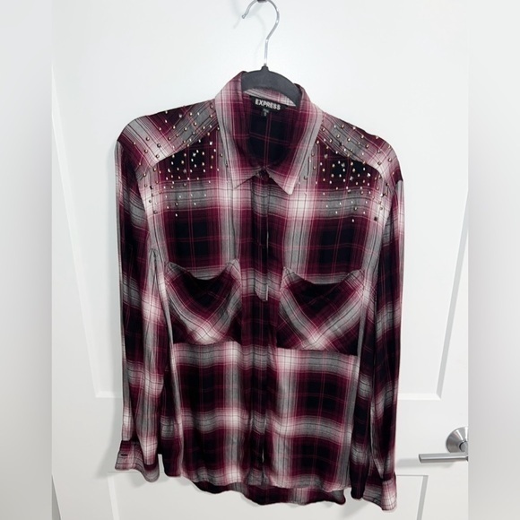 Express Tops - Express women’s Plaid Shirt - maroon and gray/white